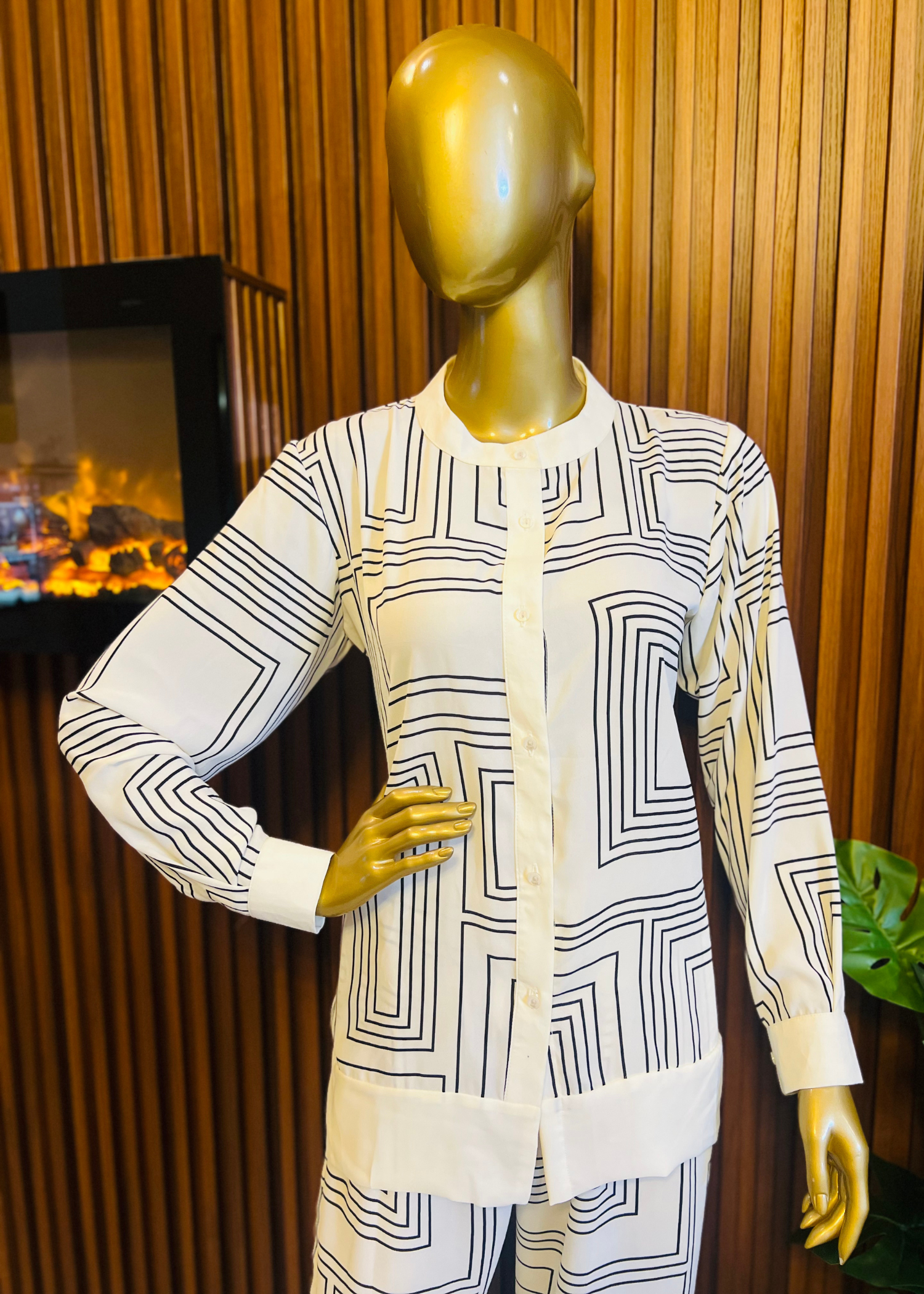 "Ivory co-ord set for women featuring bold geometric maze prints and relaxed fit – perfect for summer style and modern minimalist fashion by Rooh-e-Maan Studios"