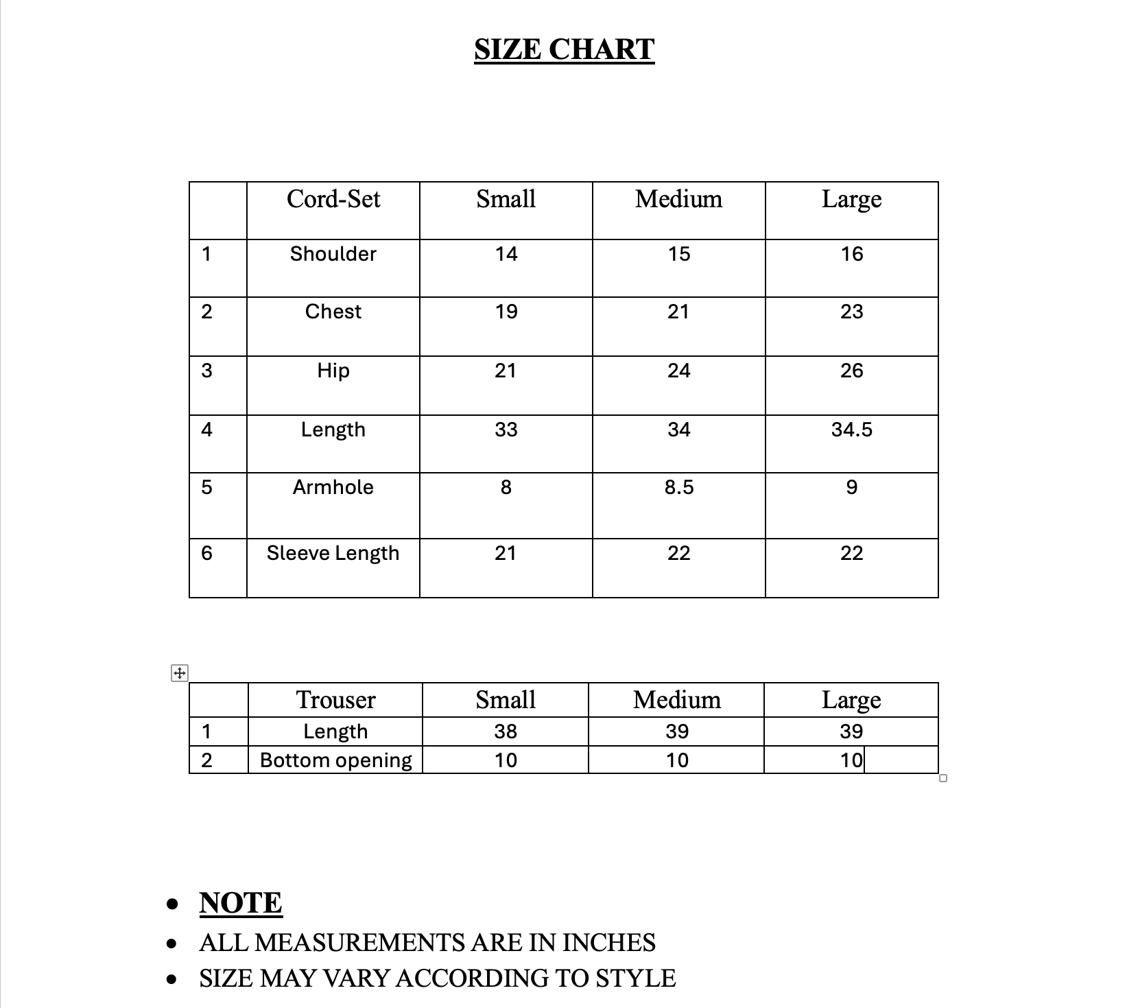 Size chart for clothing measurements in inches with notes on measurement units and style variations.