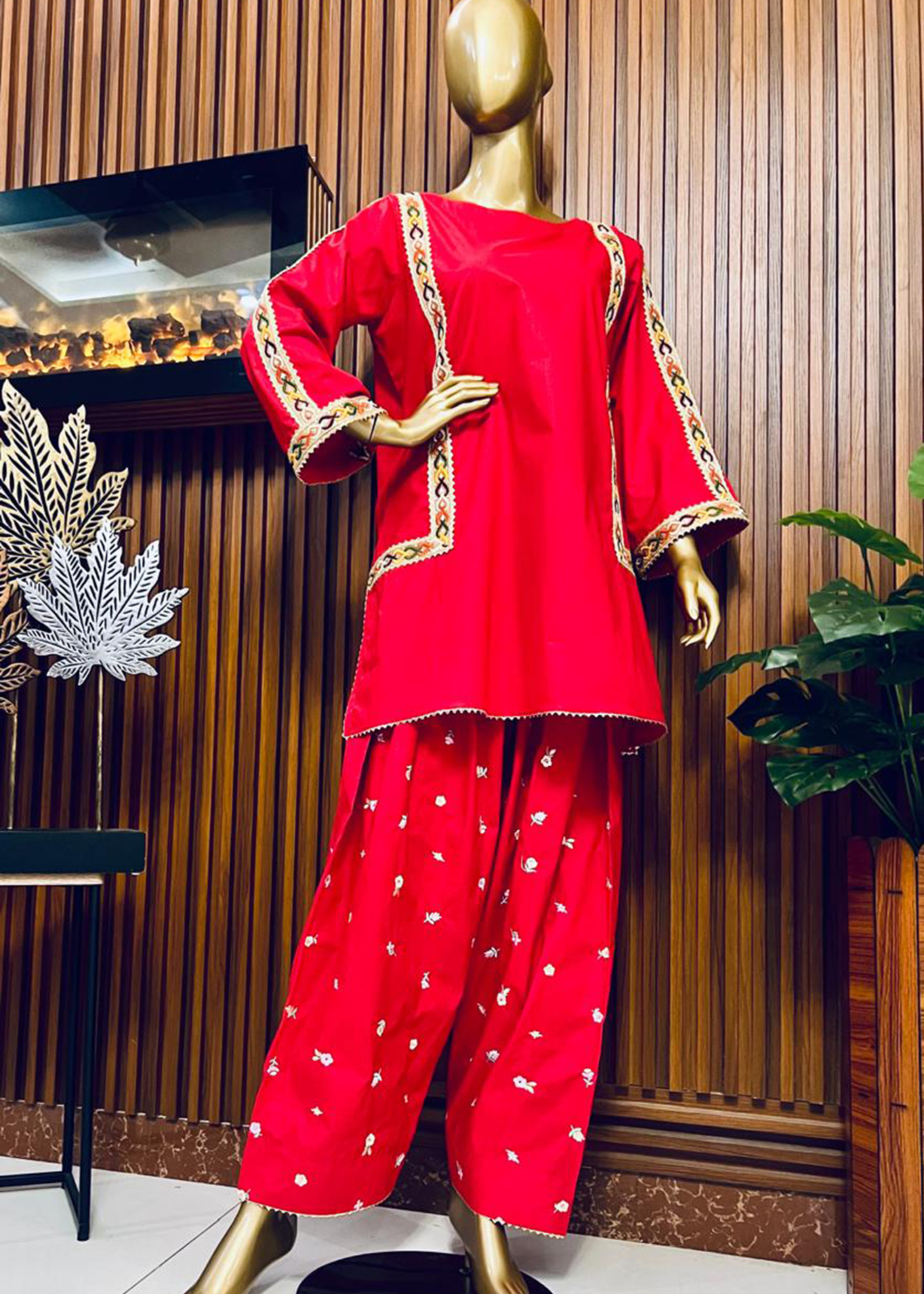 Red traditional outfit with gold accents embroidery Kurti and farsi shalwar 