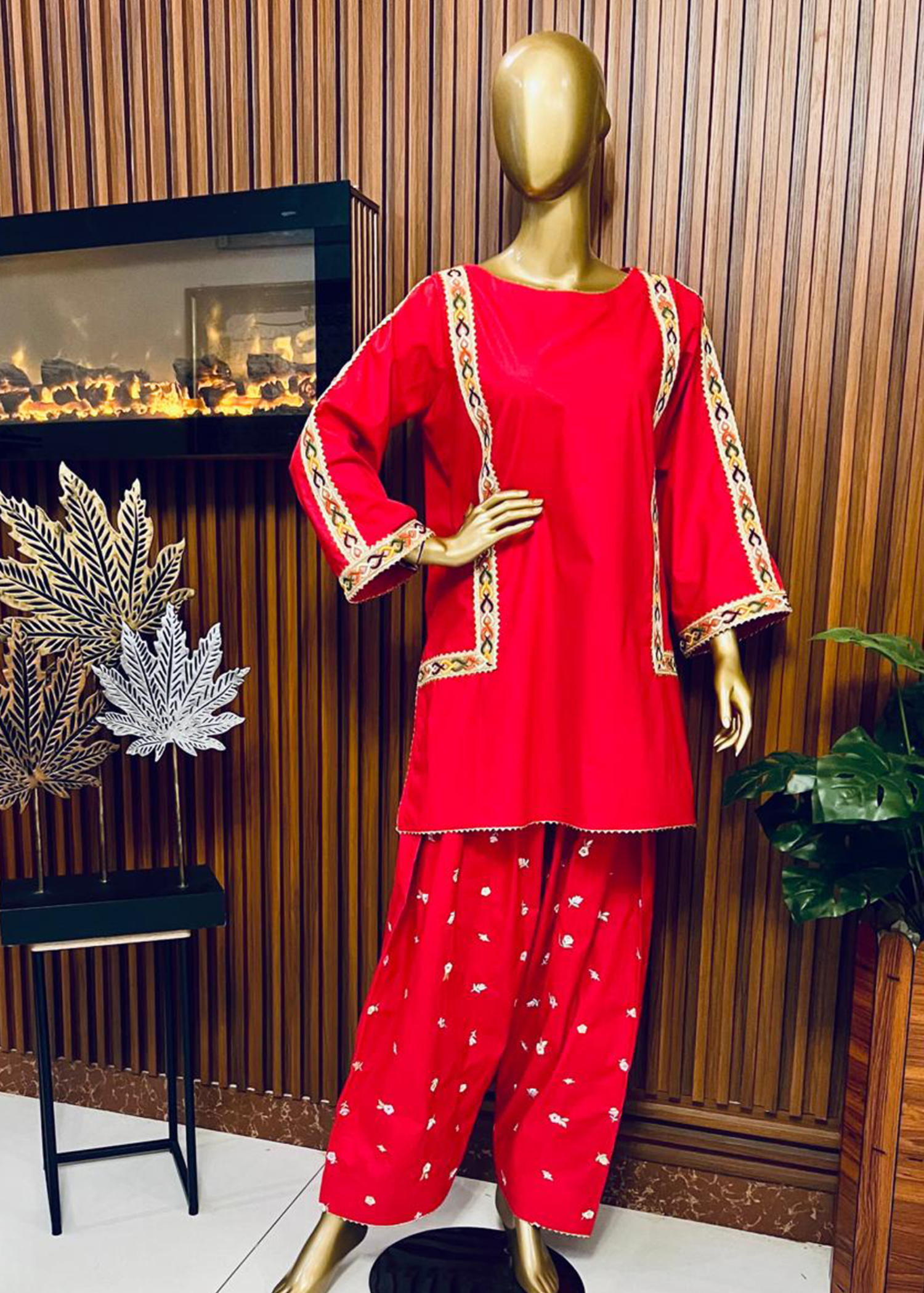 Red outfit, desi Kurti with Farsi shalwar. Embroidery Clothing 