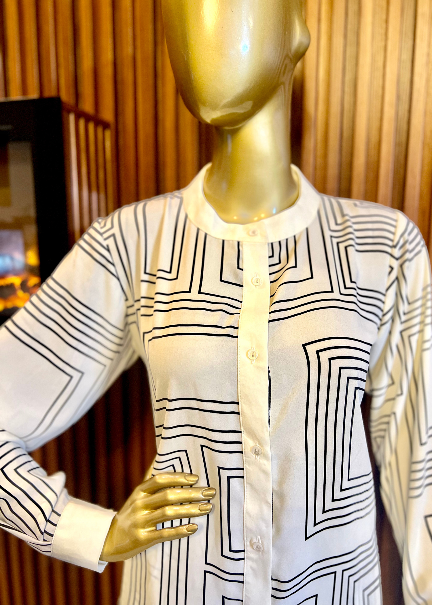 "Ivory co-ord set for women featuring bold geometric maze prints and relaxed fit – perfect for summer style and modern minimalist fashion by Rooh-e-Maan Studios"