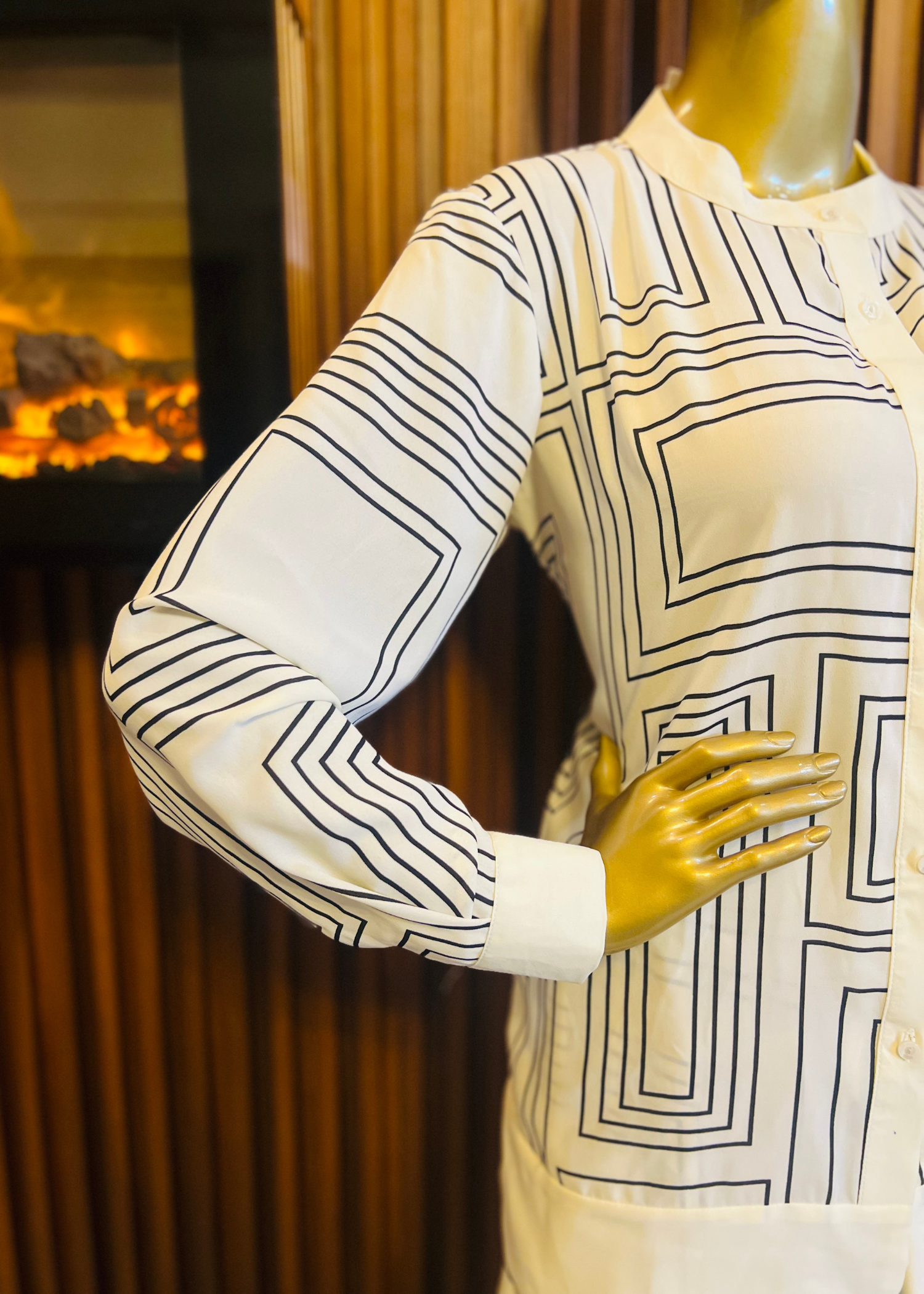 "Ivory co-ord set for women featuring bold geometric maze prints and relaxed fit – perfect for summer style and modern minimalist fashion by Rooh-e-Maan Studios"