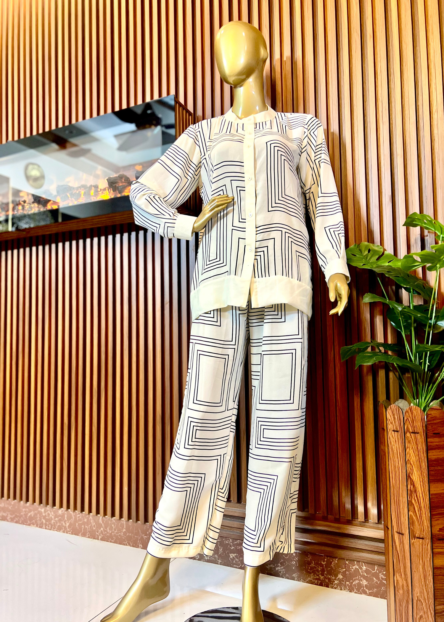 "Ivory co-ord set for women featuring bold geometric maze prints and relaxed fit – perfect for summer style and modern minimalist fashion by Rooh-e-Maan Studios"