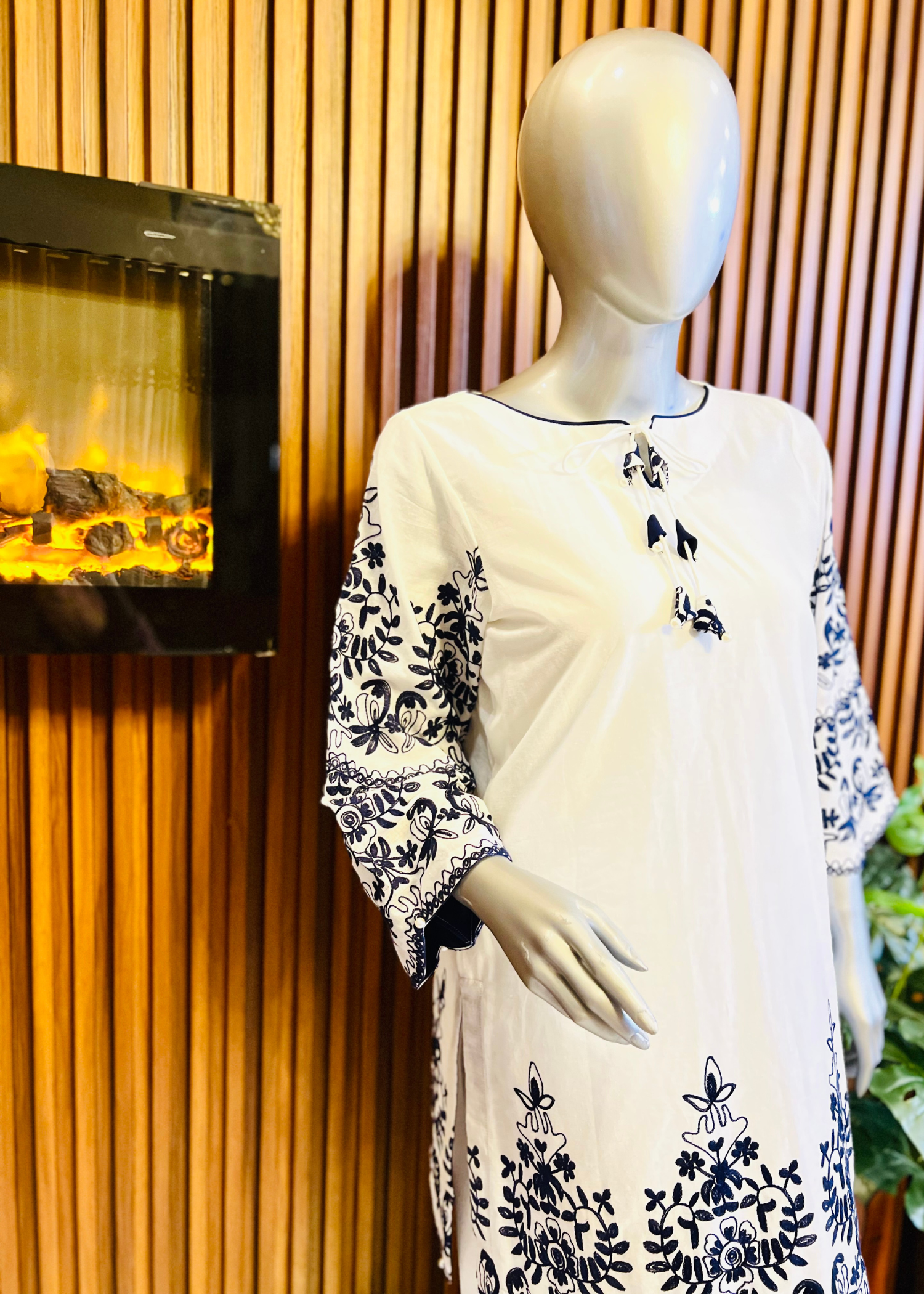 White blue embroidered women clothing formal & semi-formal. Kurti with flapper.