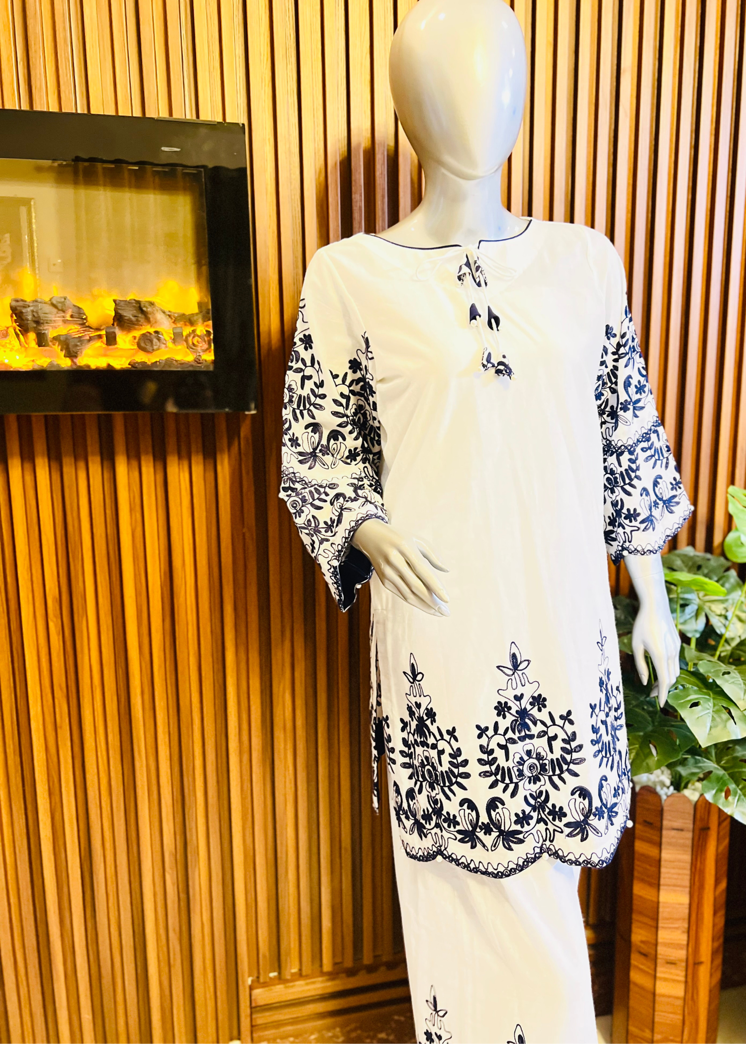 White blue embroidered women clothing formal & semi-formal. Kurti with flapper.