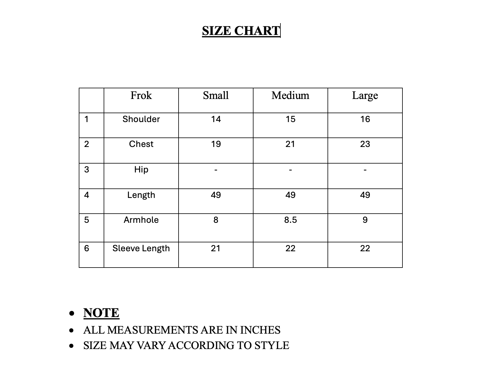 Size chart for clothing measurements in inches with notes on measurement units and style variations.