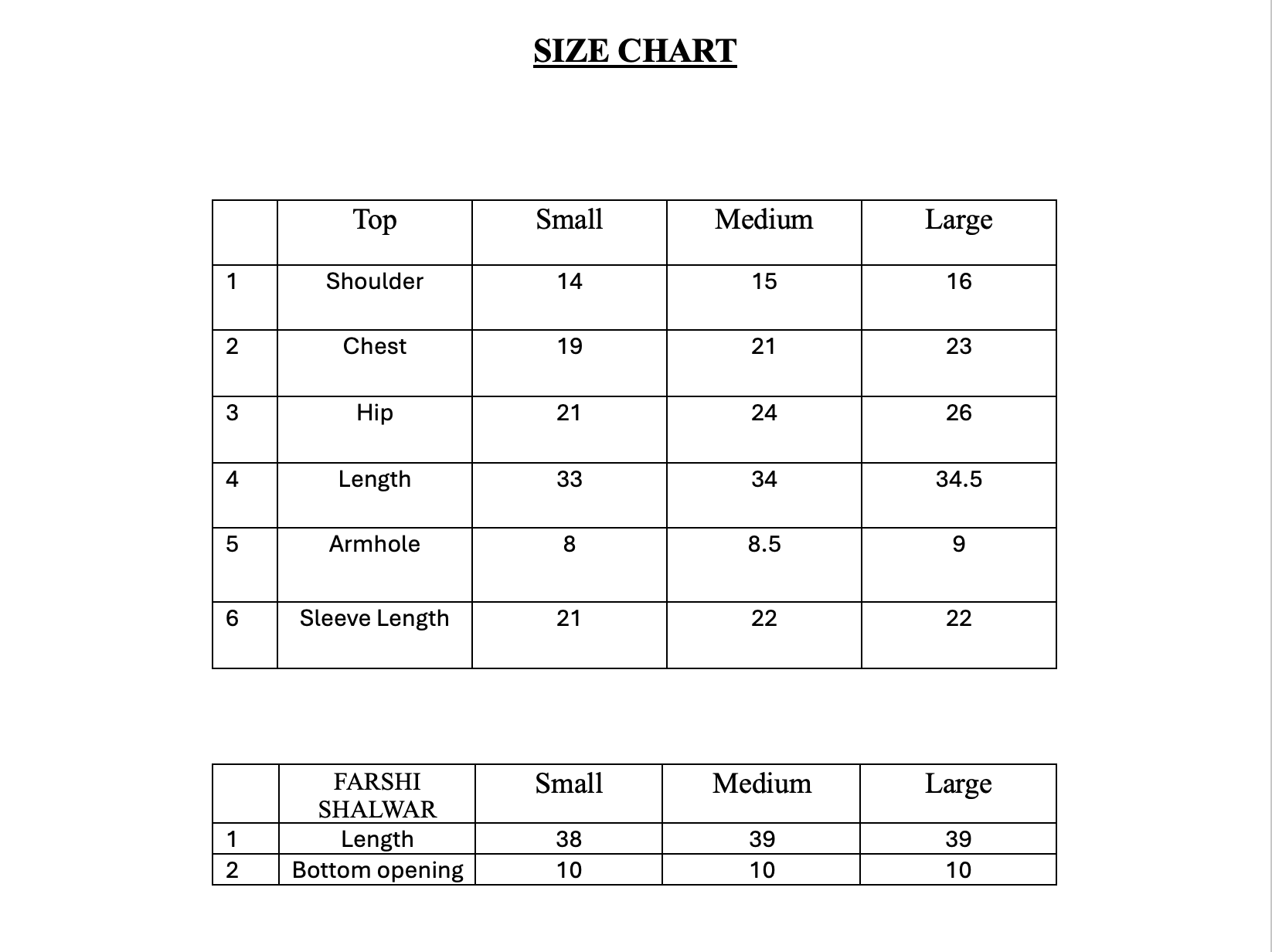 Size chart for top and Farshi shalwar with measurements in inches.