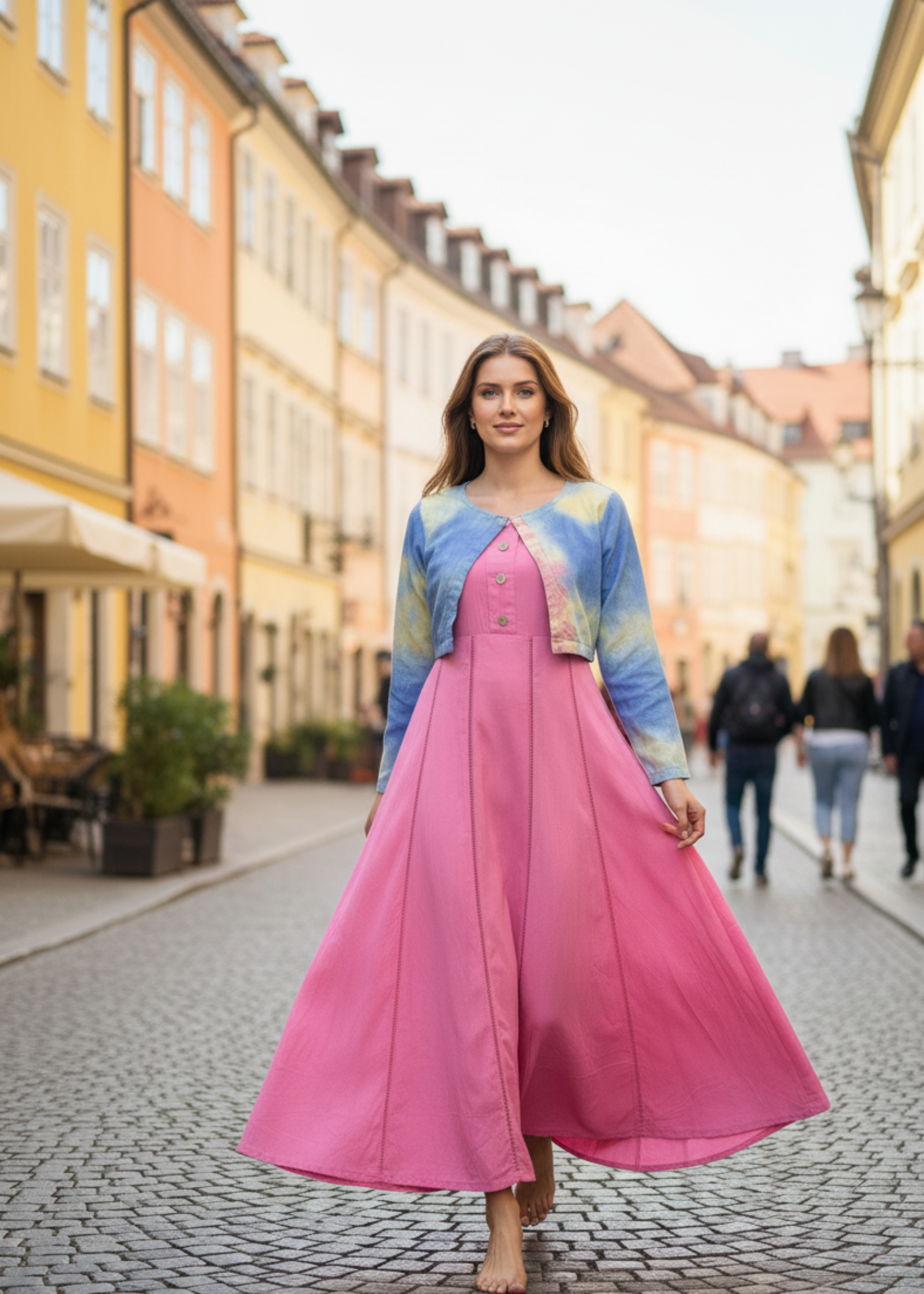 Model wearing a flowy pink maxi dress with a blue and yellow cropped jacket by Rooh-e-Maan Studios, perfect for spring and summer fashion elegance.