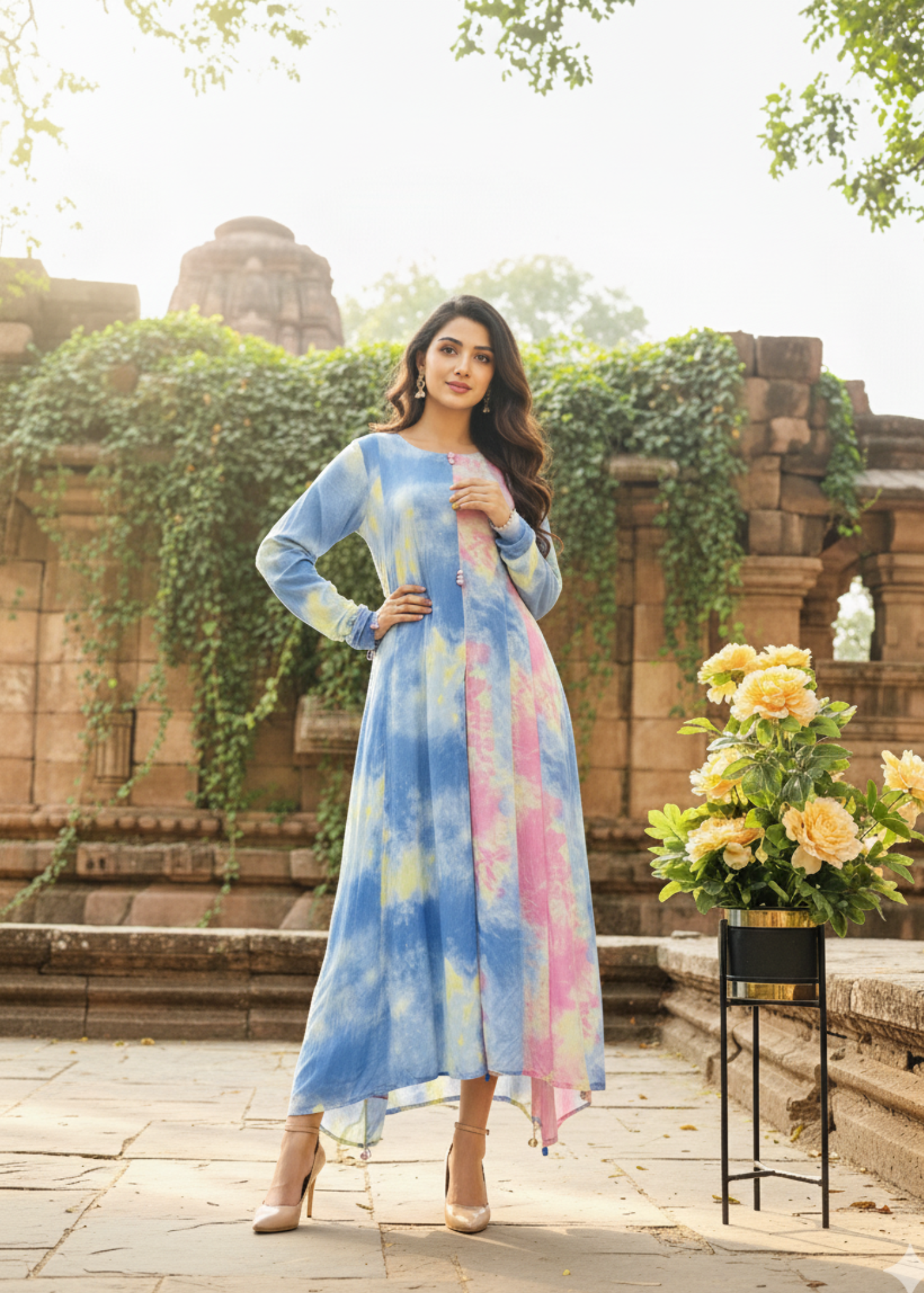 Model wearing a pastel tie-dye long dress in shades of blue, pink, and yellow by Rooh-e-Maan Studios, perfect for spring and summer elegance.