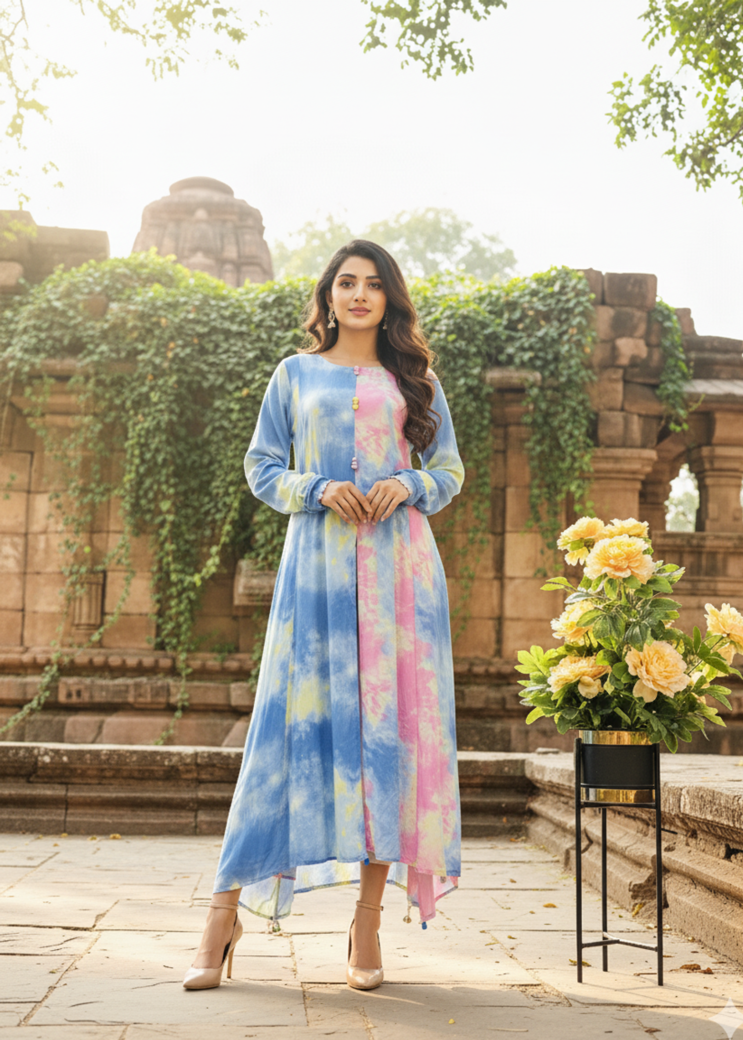 Model wearing a pastel tie-dye long dress in shades of blue, pink, and yellow by Rooh-e-Maan Studios, perfect for spring and summer elegance.