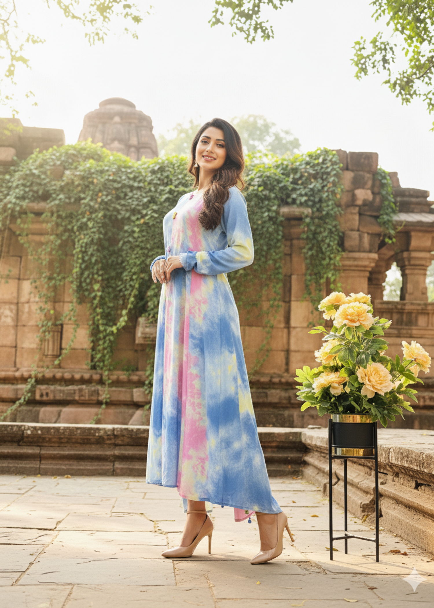 Model wearing a pastel tie-dye long dress in shades of blue, pink, and yellow by Rooh-e-Maan Studios, perfect for spring and summer elegance.