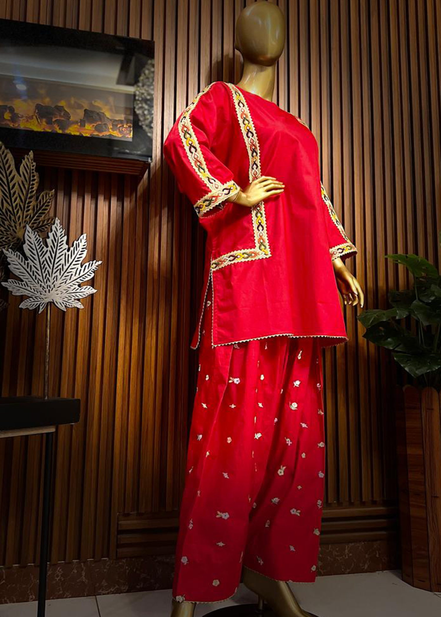 Red traditional outfit with gold embroidery desi Kurt with farsi shalwar women's clothing