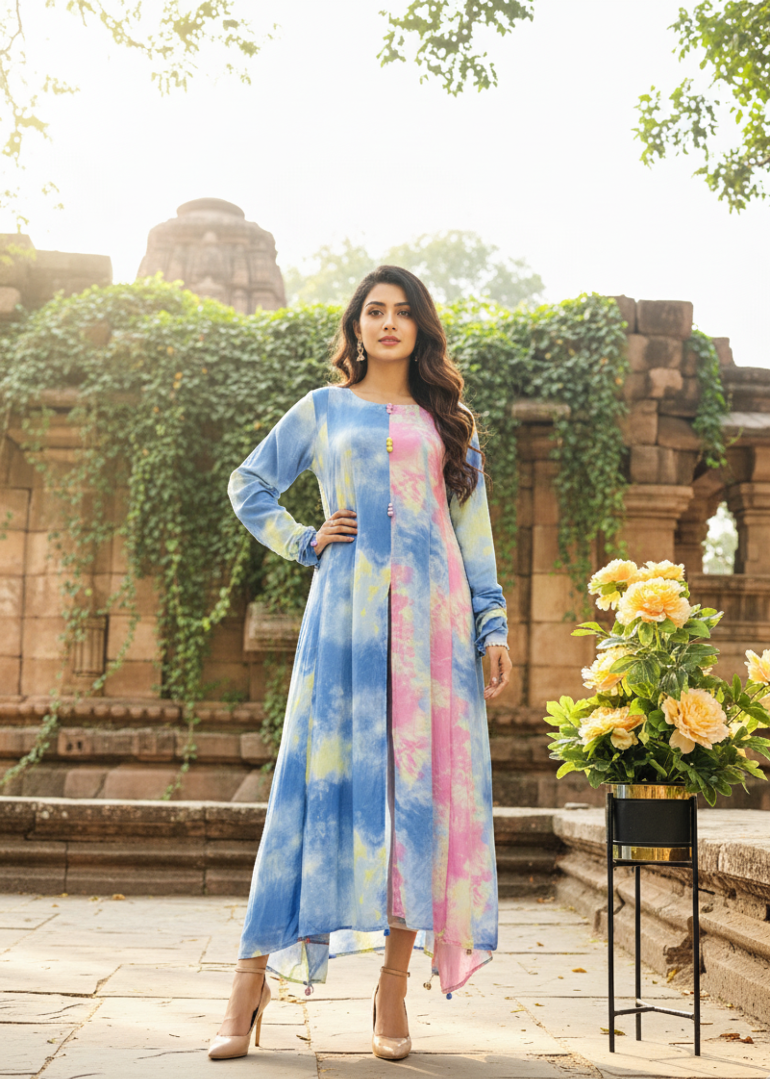 Model wearing a pastel tie-dye long dress in shades of blue, pink, and yellow by Rooh-e-Maan Studios, perfect for spring and summer elegance.