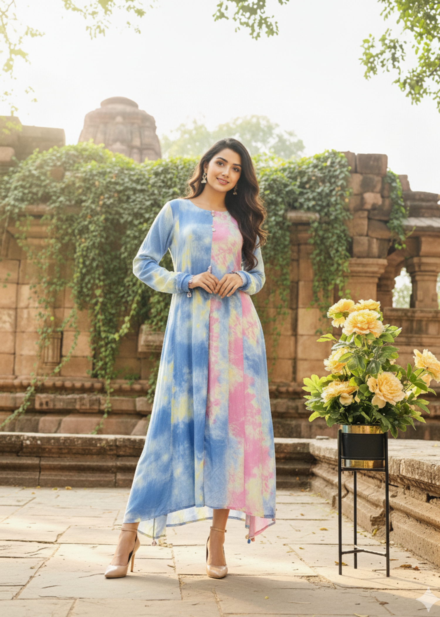 Model wearing a pastel tie-dye long dress in shades of blue, pink, and yellow by Rooh-e-Maan Studios, perfect for spring and summer elegance.